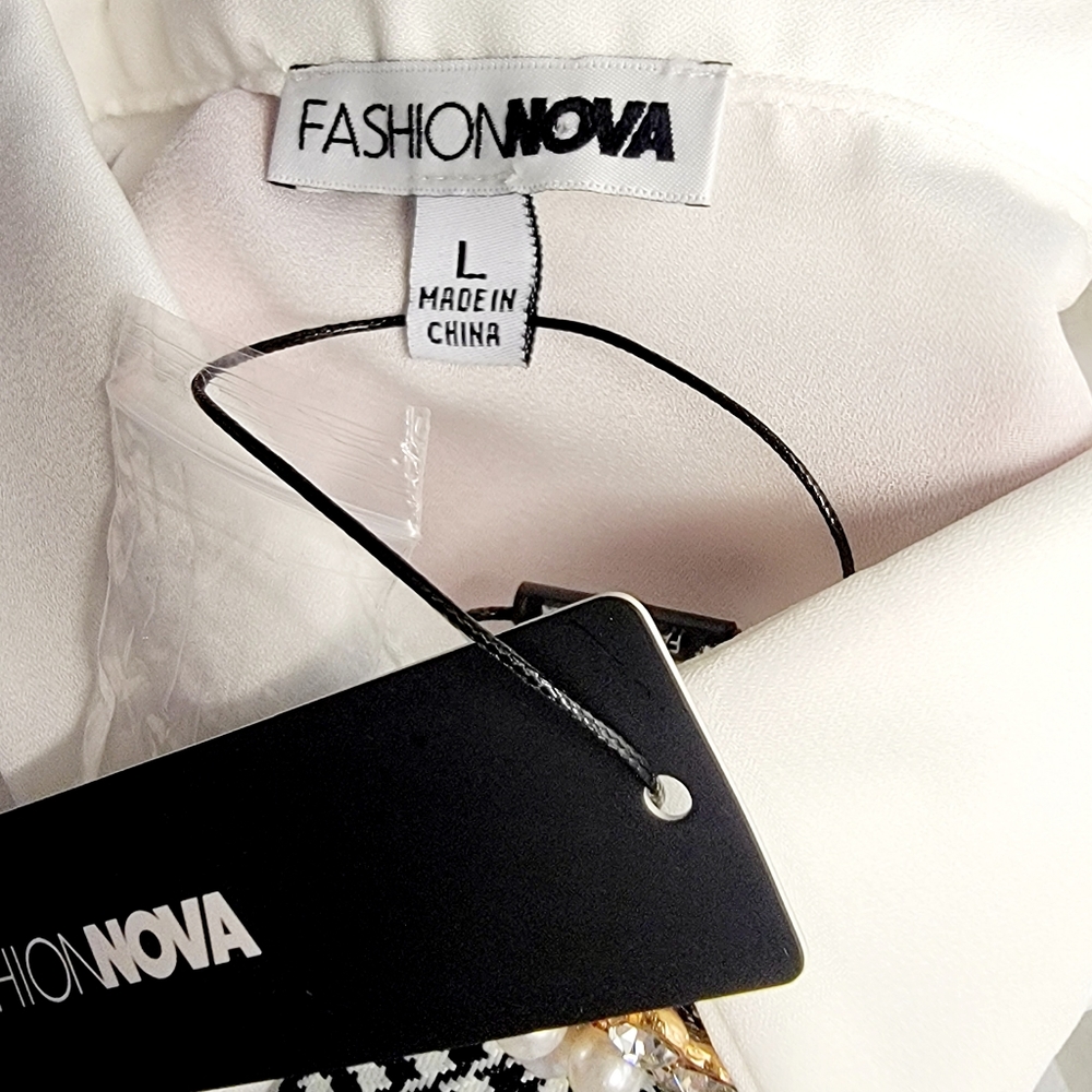 Fashion Nova White Top Blouse Houndstooth Embellished - Picture 8 of 8